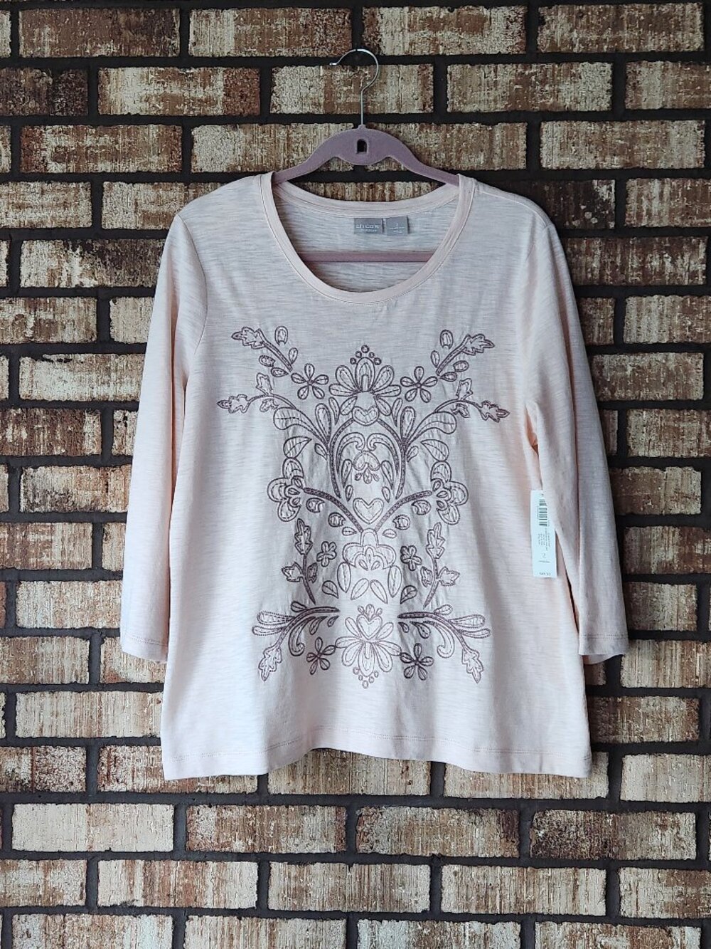Zenergy by Chico's Blush Embroidered 3/4 Sleeve Shirt NWT Size 2